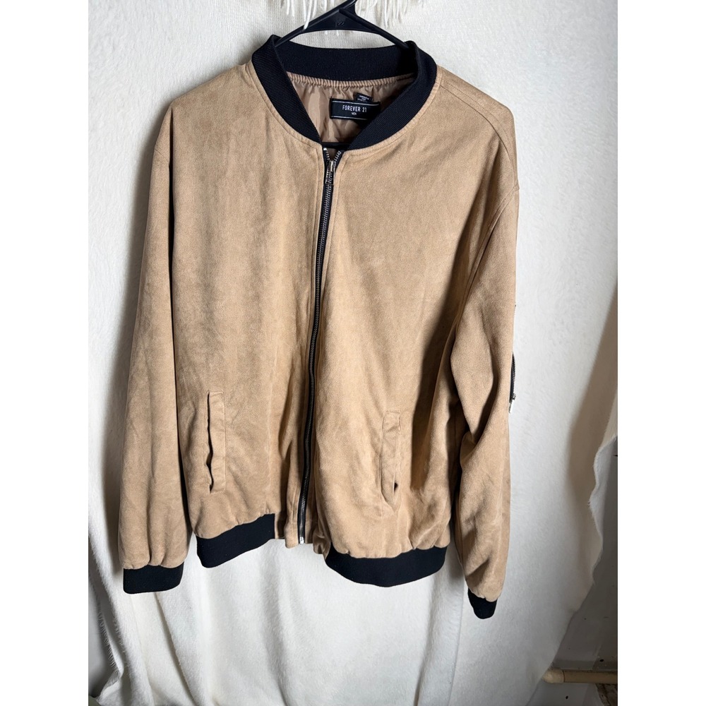 Forever 21 Men Faux Suede Bomber Jacket Tan Camel Black Trim XL